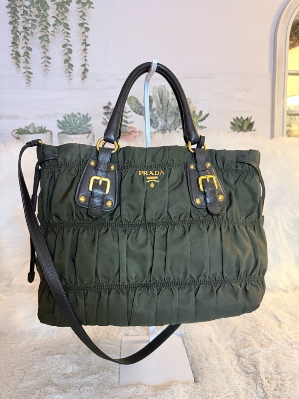 Prada Tessuto Gaufre in Dark Olive Nylon Tote with Black Leather Handles